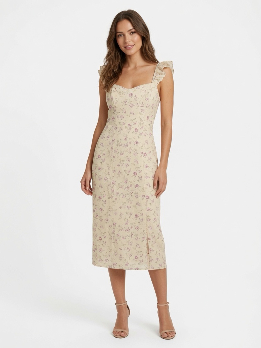 SHEIN Cream Floral Ruffle Strap Midi Dress